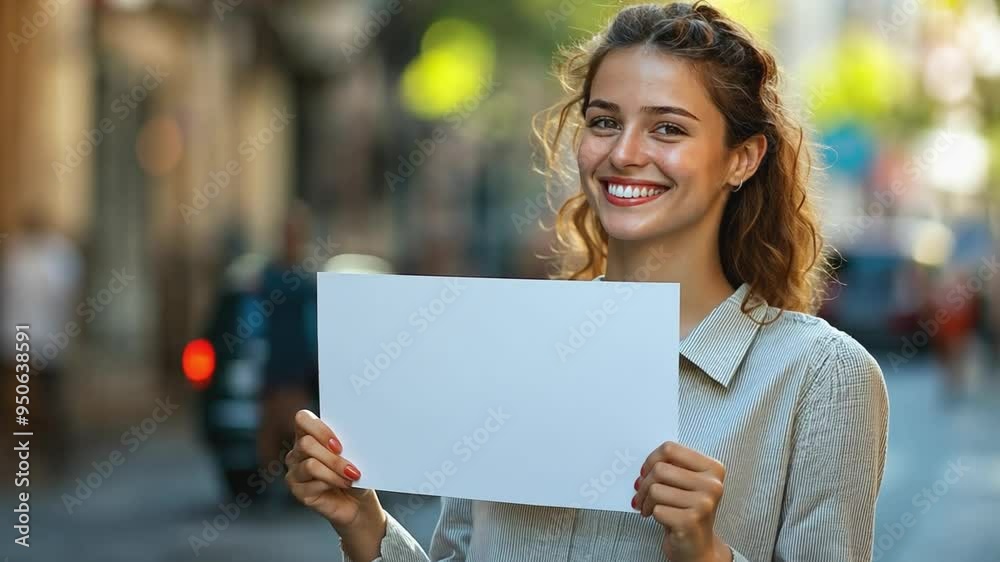 Young woman holding blank sign on a crowded city street Young woman holding blank sign on a crowded city street