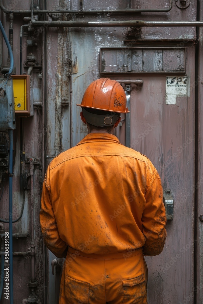 Worker in Orange Overalls Inspecting Industrial Equipment Worker in Orange Overalls Inspecting Industrial Equipment