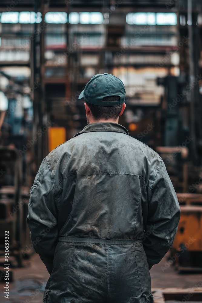 Lone Worker Stands in an Industrial Warehouse Lone Worker Stands in an Industrial Warehouse
