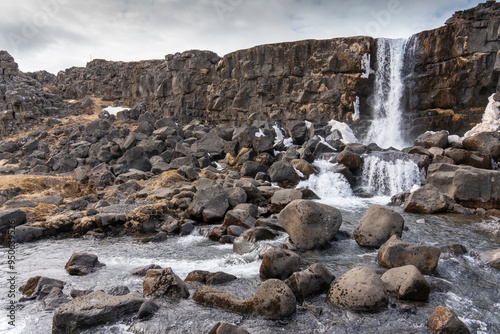 Oxararfoss waterfall in winter, Thingvellir National Park, Iceland