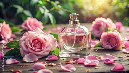 Delicate pink rose petals surround a vintage perfume bottle, filled with fragrance, amidst lush greenery, evoking feelings of elegance, sophistication, and romantic nostalgia.