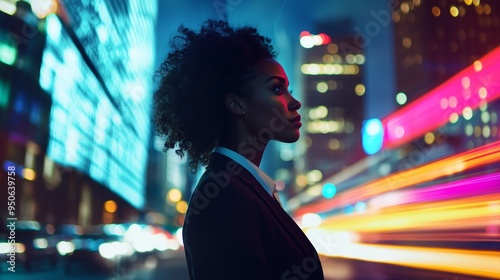 elegant black businesswoman in vibrant city at night surrounded by light trails photo