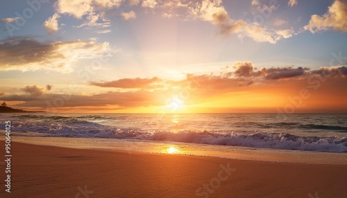 realistic beach sunset scene with shimmering ocean landscape captured during the tranquil dusk