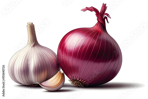 One red onion and one garlic on transparent background photo