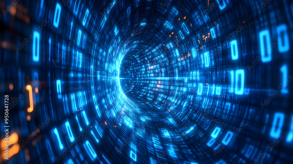 Blue binary data worm hole background and glow neon binary code tunnel. Blue binary data worm hole background and glow neon binary code tunnel.