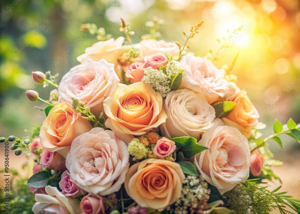 Delicate, soft-focus rose and peach flowers cascade together in a romantic, whimsical bouquet, surrounded by lush greenery and gentle, filtered natural light. Delicate, soft-focus rose and peach flowers cascade together in a romantic, whimsical bouquet, surrounded by lush greenery and gentle, filtered natural light.