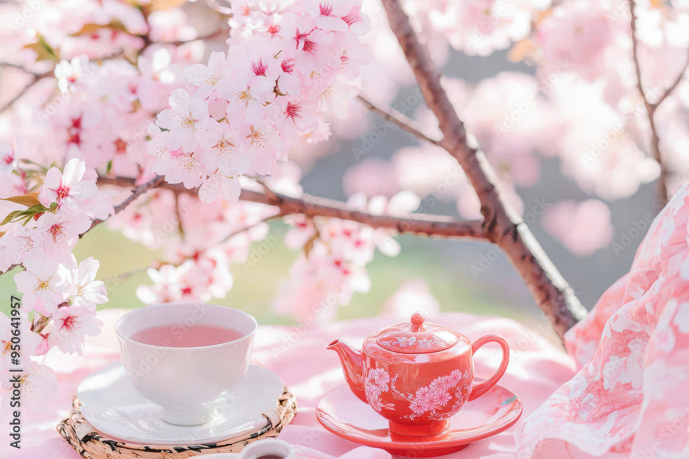 A serene tea setting surrounded by beautiful cherry blossoms, perfect for relaxation and seasonal enjoyment.