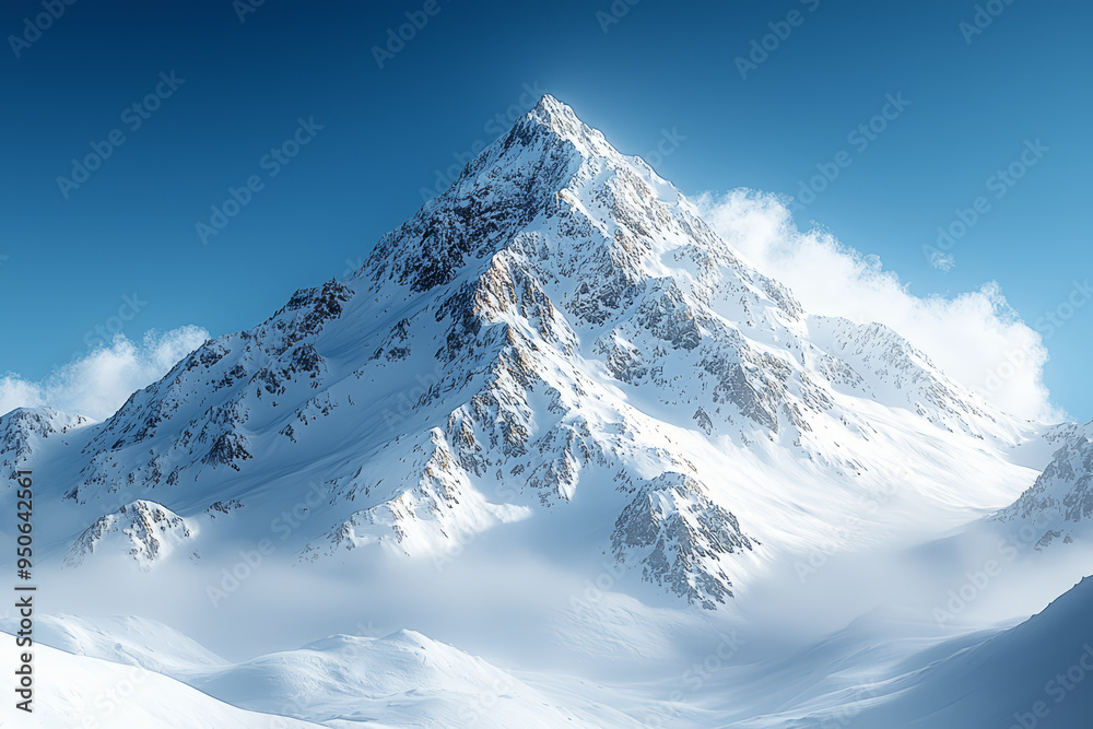 Obraz premium Majestic mountain peaks covered in snow, standing tall against a clear blue sky. Concept of Earth's diverse terrains.