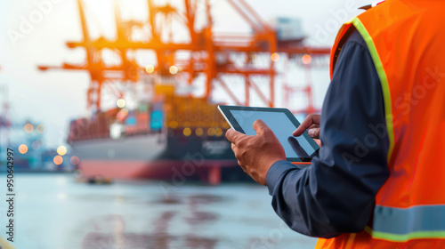 A harbor master supervisor's hands holding a tablet at a busy port, overseeing shipping operations and logistics management.