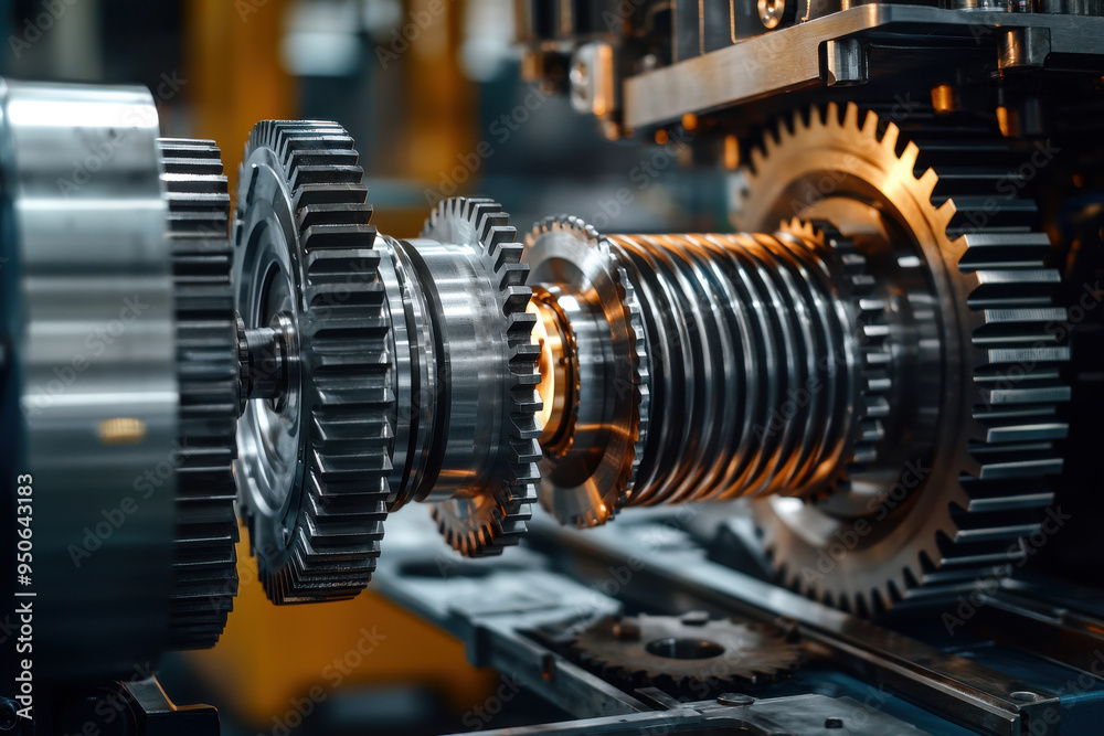 Fototapeta premium Close-up of interlocking gears in a mechanical system showcasing precision engineering and intricate design in industrial machinery.