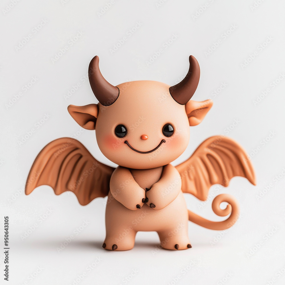 Fototapeta premium Cute cartoon devil figure with small wings and a friendly smile, ideal for playful decor or whimsical illustrations.