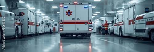 Fleet of ambulances parked in modern garage, clean environment, emergency vehicles, ready for action, well-lit space, calm before the storm.
