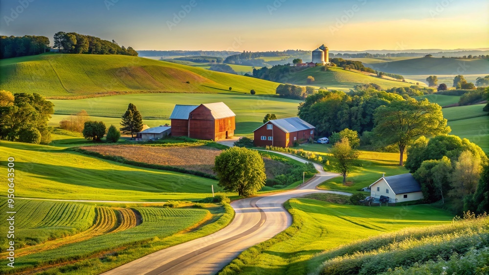 Obraz premium Serene Iowa countryside landscape featuring rolling hills, verdant green fields, and rustic farmhouses bordered by meandering rural roads under a clear blue sky.