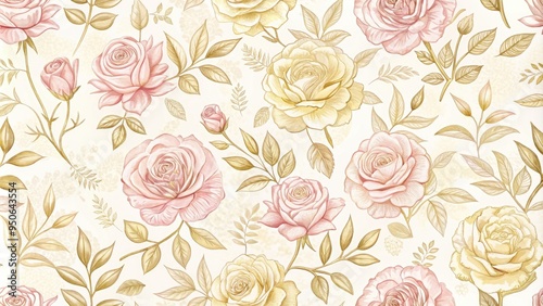 Wallpaper Mural Delicate, vintage-inspired rose pattern in soft pink and gold hues on a creamy white background, perfect for elegant gift wrapping and packaging designs. Torontodigital.ca