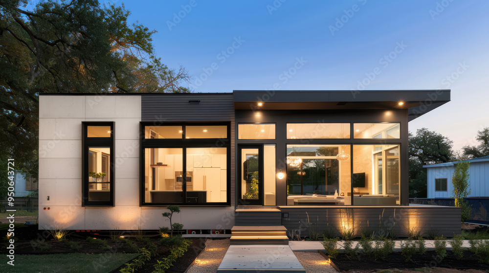Obraz premium Modern house exterior with sleek design, large windows, and warm lighting during twilight, showcasing contemporary architecture.