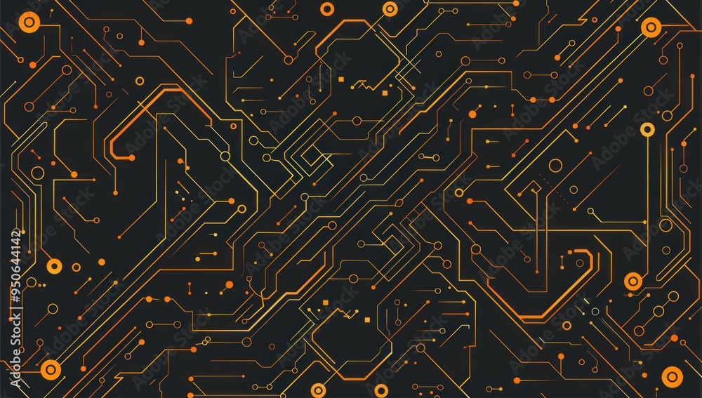 A black background with orange circuit board lines, orange dots and yellow chips A black background with orange circuit board lines, orange dots and yellow chips