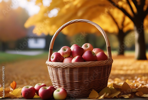 basket filled freshly picked apples surrounded autumn leaves photo