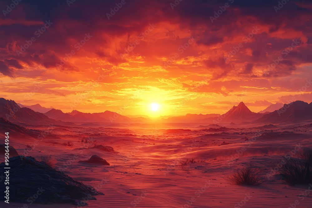A vibrant sunrise illuminating a vast desert landscape, symbolizing the beauty of untouched nature. Concept of Earth's natural wonders. A vibrant sunrise illuminating a vast desert landscape, symbolizing the beauty of untouched nature. Concept of Earth's natural wonders.