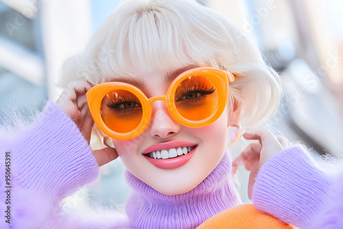 Femme blonde avec lunettes de soleil orange photo