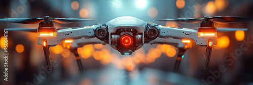 Futuristic drone with illuminated red lens hovering in cyberpunk inspired cityscape, vibrant colors, neon lights, evening ambiance