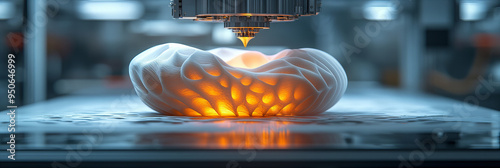 Futuristic 3D printing technology with intricate object being printed, metallic and orange colors, lab background, innovative and high-tech ambiance