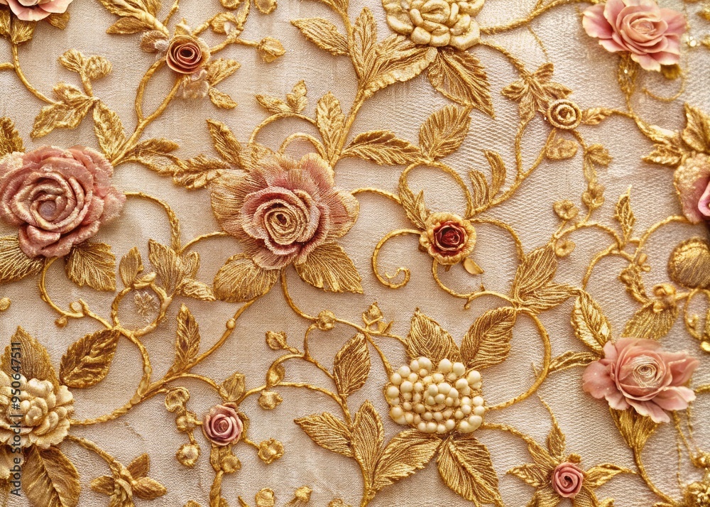 Elegant rose and gold embossed lace fabric with intricate flowers and vines, perfect for luxurious wedding decorations, fashion, or romantic anniversary celebrations. Elegant rose and gold embossed lace fabric with intricate flowers and vines, perfect for luxurious wedding decorations, fashion, or romantic anniversary celebrations.