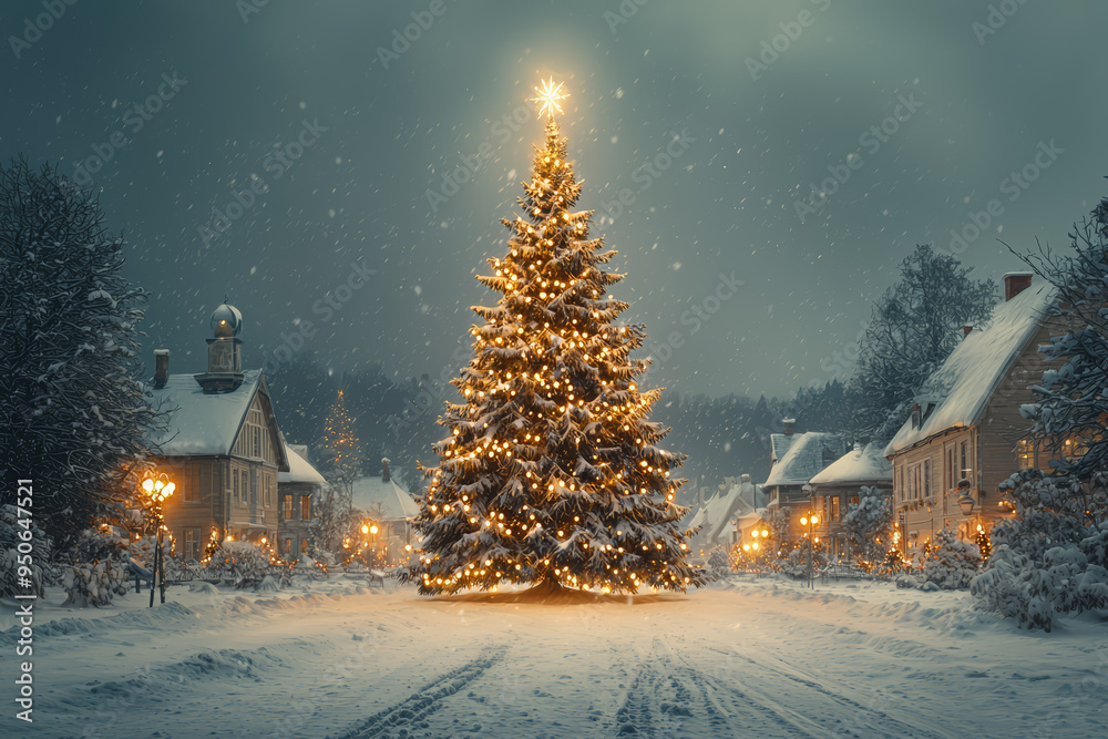 A snow-covered Christmas tree adorned with twinkling lights and ornaments, standing proudly in the town square. Concept of holiday traditions and festive decor. A snow-covered Christmas tree adorned with twinkling lights and ornaments, standing proudly in the town square. Concept of holiday traditions and festive decor.