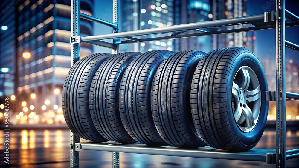 Shiny new car tires stacked on a sleek metal rack, perfectly aligned and angled, surrounded by a modern urban background with blurred city lights. Shiny new car tires stacked on a sleek metal rack, perfectly aligned and angled, surrounded by a modern urban background with blurred city lights.