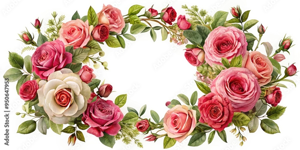 Naklejka premium Elegant rose wreath design featuring lush pink and red blooms intertwined with delicate greenery, perfect for romantic occasions, wedding invitations, and spring-inspired projects.