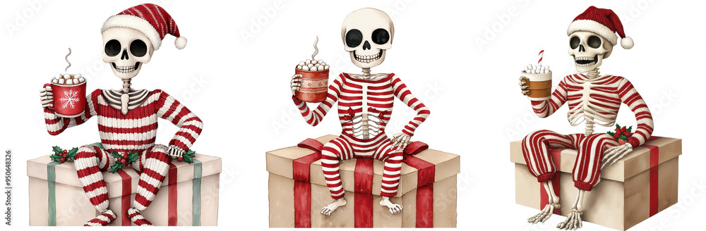 Fototapeta premium whimsical watercolor illustrations of skeletons dressed in red and white Christmas pajamas, wearing Santa hats, and holding holiday mugs, sitting on gift boxes transparent isolated PNG