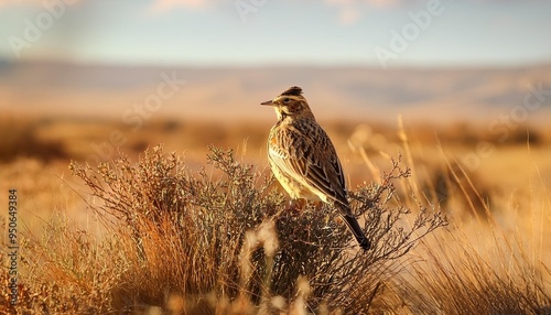 songbird lark at bush in the steppe photo