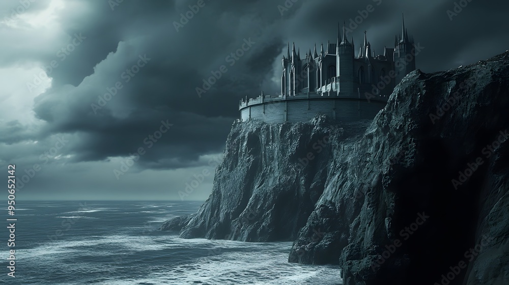 Fototapeta premium Dark castle stormy ocean perched on a cliff gothic moody dramatic high contrast deep shadows intricately detailed 3D architecture