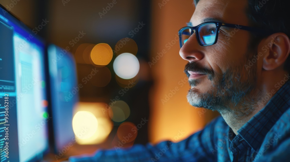 Bright Computer Use: A man with a happy demeanor while using his computer, emphasizing a positive and enjoyable tech experience. Bright Computer Use: A man with a happy demeanor while using his computer, emphasizing a positive and enjoyable tech experience.