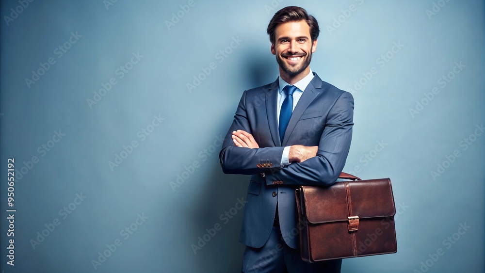 Smiling professional stands confidently against a plain colored background, arms crossed and briefcase by side, exuding success and optimism in a corporate setting. Smiling professional stands confidently against a plain colored background, arms crossed and briefcase by side, exuding success and optimism in a corporate setting.