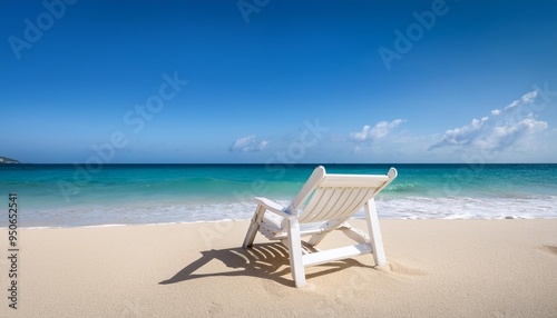 a single white beach chair sits on a pristine sandy beach facing the gentle waves of the serene ocean