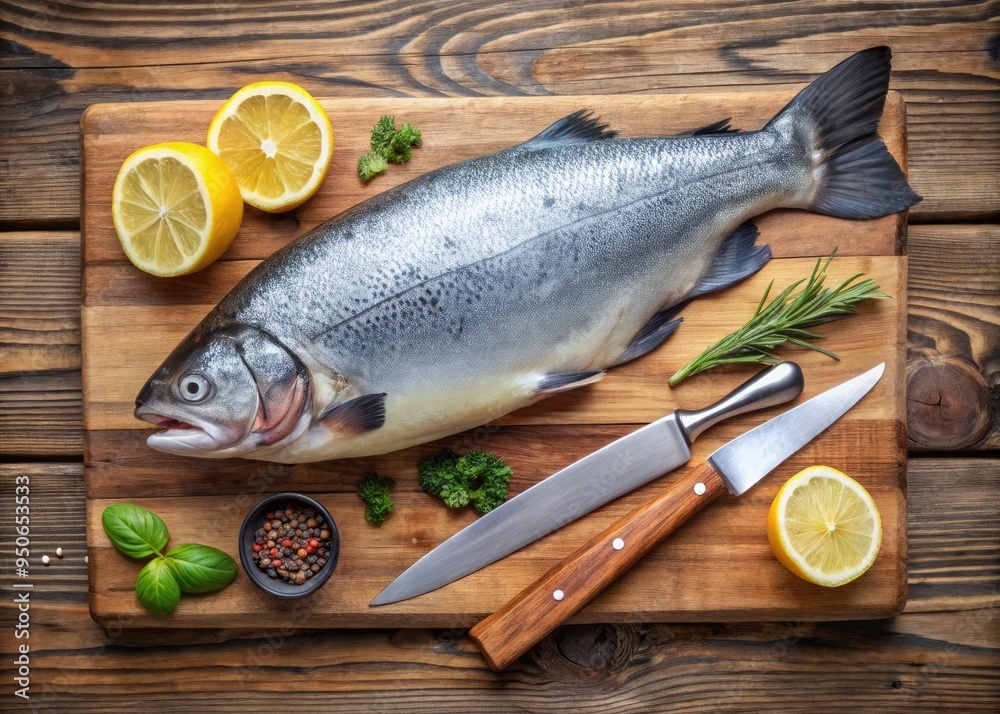 Freshly caught Chinook salmon lies on a wooden cutting board, its silver scales glistening, alongside a fillet knife and lemon slices on a rustic kitchen counter. Freshly caught Chinook salmon lies on a wooden cutting board, its silver scales glistening, alongside a fillet knife and lemon slices on a rustic kitchen counter.