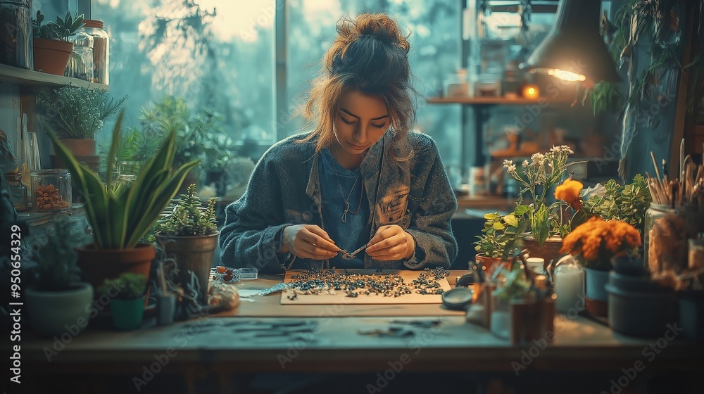 Woman working on jewelry design in a plant-filled, cozy workshop with soft lighting Woman working on jewelry design in a plant-filled, cozy workshop with soft lighting
