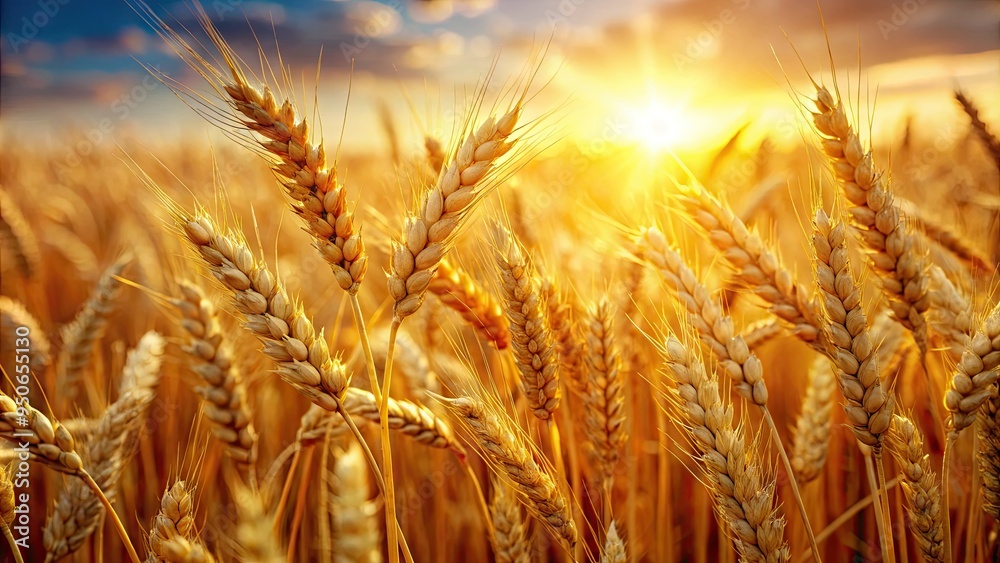 Fototapeta premium Golden wheat grains stand upright amidst a serene, sun-kissed landscape, with soft focus and shallow depth of field accentuating their intricate textures and natural beauty.