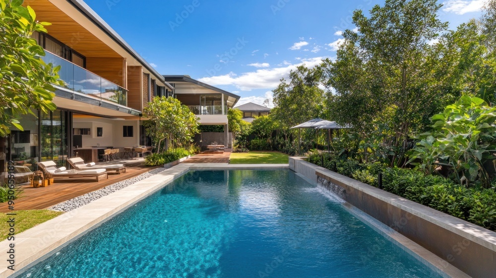 Modern Poolside Oasis with Lush Greenery Modern Poolside Oasis with Lush Greenery