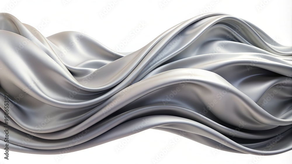 Obraz premium Soft, rippled gray fabric flows like a wave, isolated on a pure white background, creating a sense of serene, undulating movement and tactile texture.
