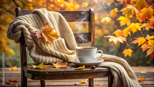 Soft, pastel-hued sweater draped over a worn wooden chair, surrounded by autumnal leaves and steaming cup of coffee, evoking warmth and comfort on a chilly morning. photo