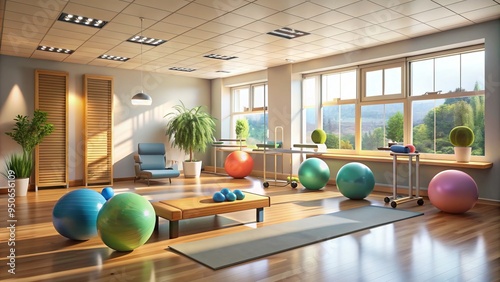 Soothing ambiance of a serene physical therapy room with gentle lighting, exercise balls, and calming colors promoting relaxation and pain management. photo