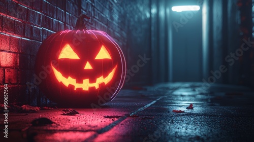 A futuristic jack-o'-lantern with holographic flames in a neon-lit alleyway on Halloween photo