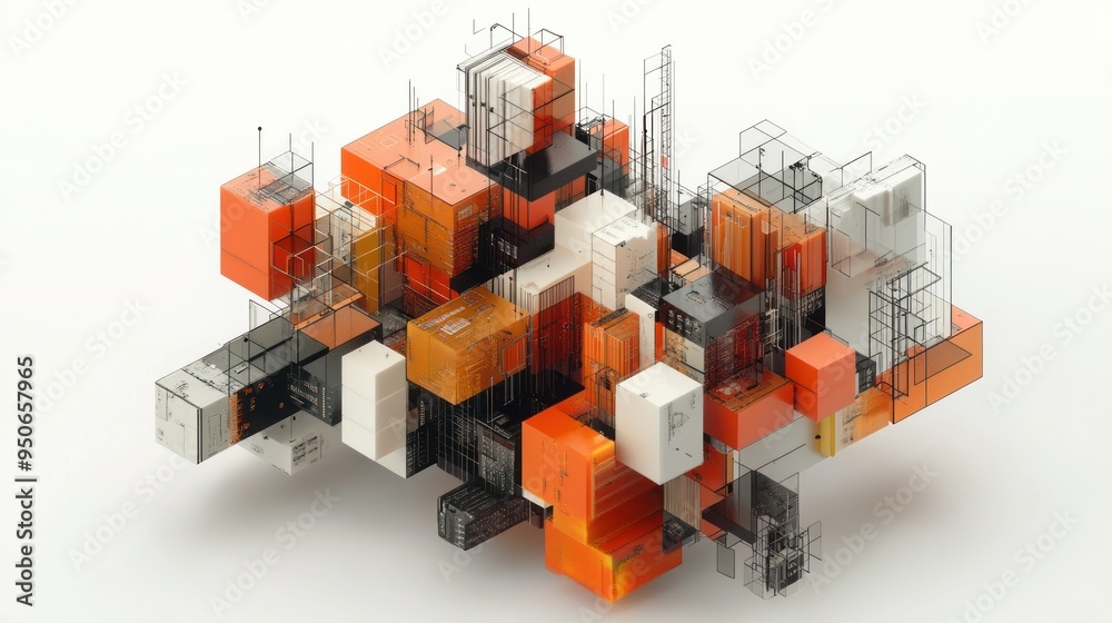 Fototapeta premium Abstract Geometric Structure of Interlocking Cubes with Black Lines and Orange, Black, and White Colors
