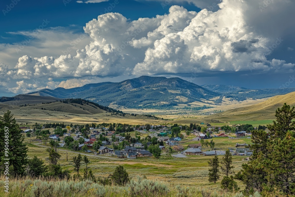 Fototapeta premium Gardiner, Montana: A Scenic Landscape View of Mountains and Clouds near Yellowstone National Park