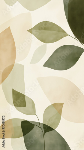 Minimalist Botanical Abstract with Soft Green and Beige Leaves, Nature-Inspired Design