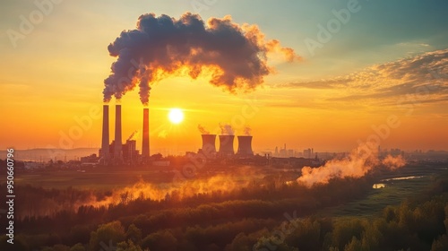 Industrial Skyline at Sunset with Smoking Chimneys