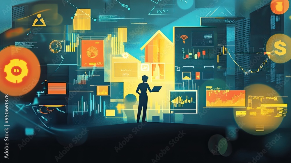 Obraz premium A digital illustration of a person managing assets like real estate, stocks, and bonds, with symbols of passive income streams leading to financial freedom.