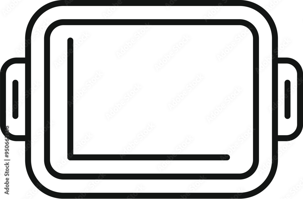 Simple vector illustration of a rectangular baking sheet with handles and a slightly raised edge, drawn with black lines on a white background Simple vector illustration of a rectangular baking sheet with handles and a slightly raised edge, drawn with black lines on a white background