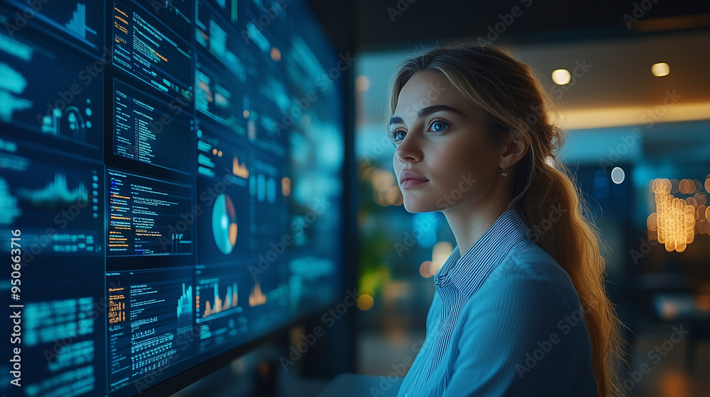 A busy business office with professionals collaborating on a large shared digital screen.